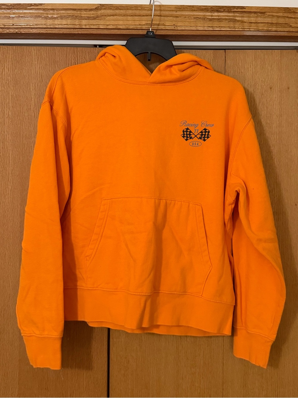 American Eagle Outfitters Orange Hooded Pullover with Racing Graphic